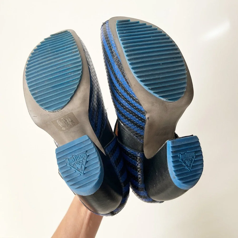 John Fluevog Mary Janes Heels 7.5 Blue Black Prepare Leader Striped Leather